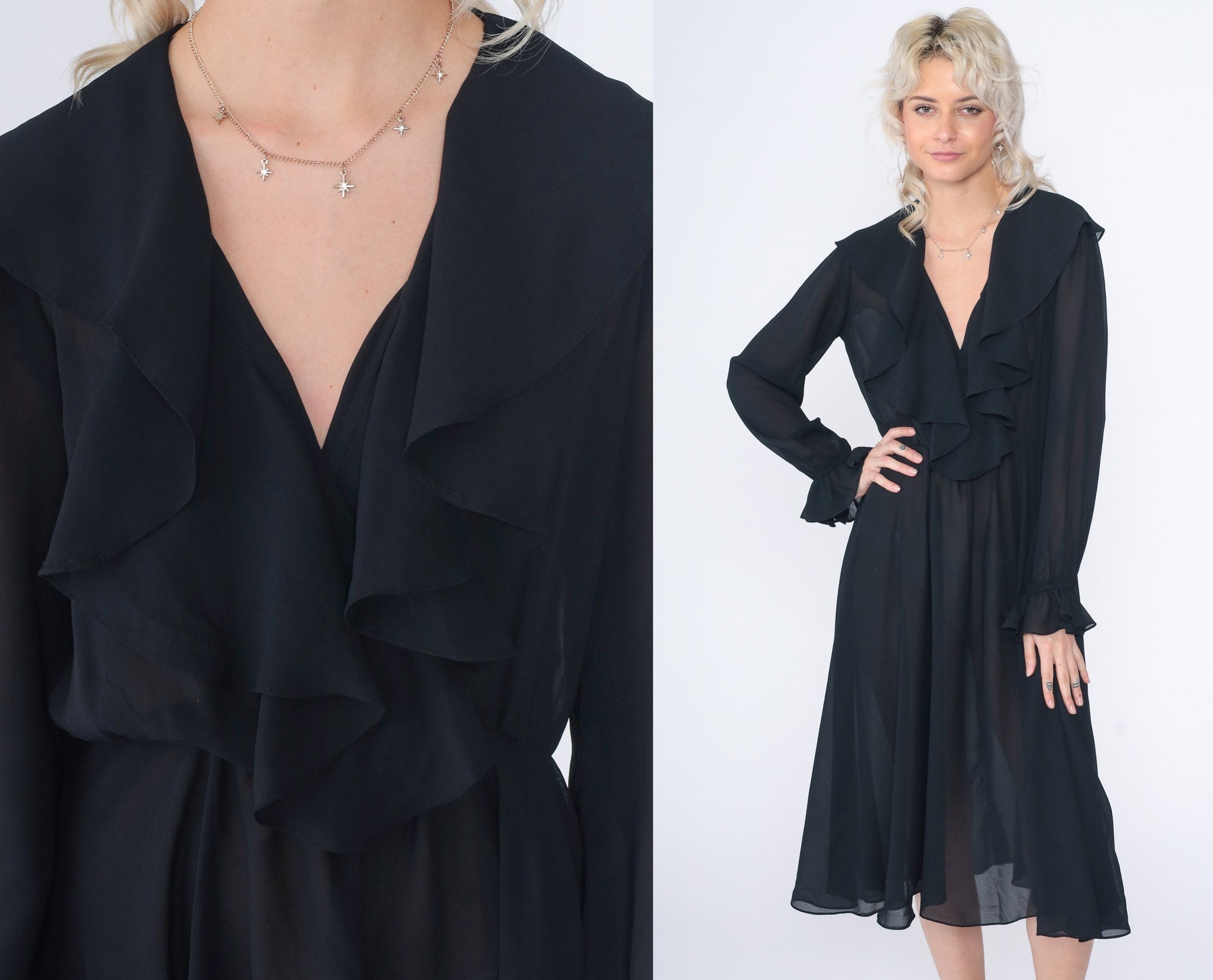 90s Black Midi Dress Ruffled High Waist Long Sleeve Semi-Sheer Small
