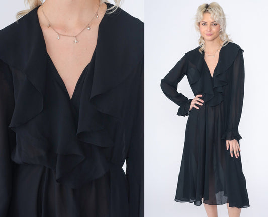90s Black Midi Dress Ruffled High Waist Long Sleeve Semi-Sheer Small