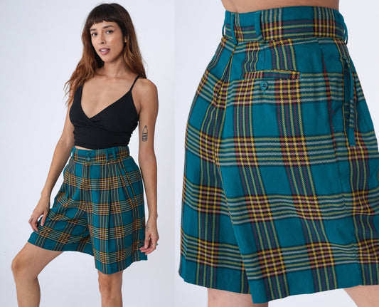 90s Blue Plaid High Waist Pleated Shorts Knee Length Small