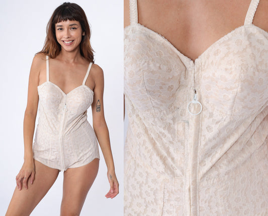 80s Bettys Body Form Shapewear Girdle Bodysuit Beige Lace Large L