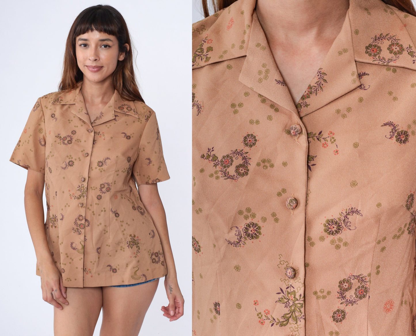 70s Floral Feather Print Button Up Blouse Tan Dagger Collar Short Sleeve Medium