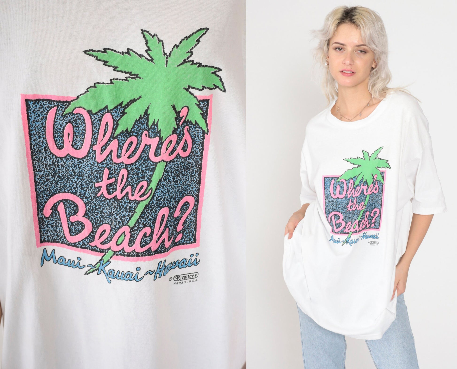 90s Where's The Beach Hawaii Graphic T-Shirt White Single Stitch Extra Large XXL