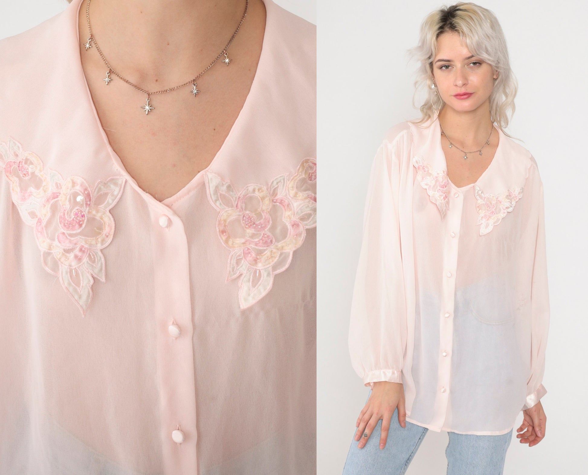 90s Pink Beaded Floral Scalloped Collar Button-Up Blouse Long Sleeve Extra Large XL