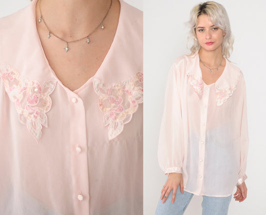 90s Pink Beaded Floral Scalloped Collar Button-Up Blouse Long Sleeve Extra Large XL