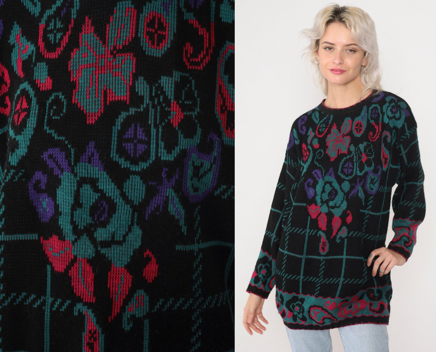 90s Checkered Floral Knit Sweater Black Pullover Paisley Rose Hibiscus Large L