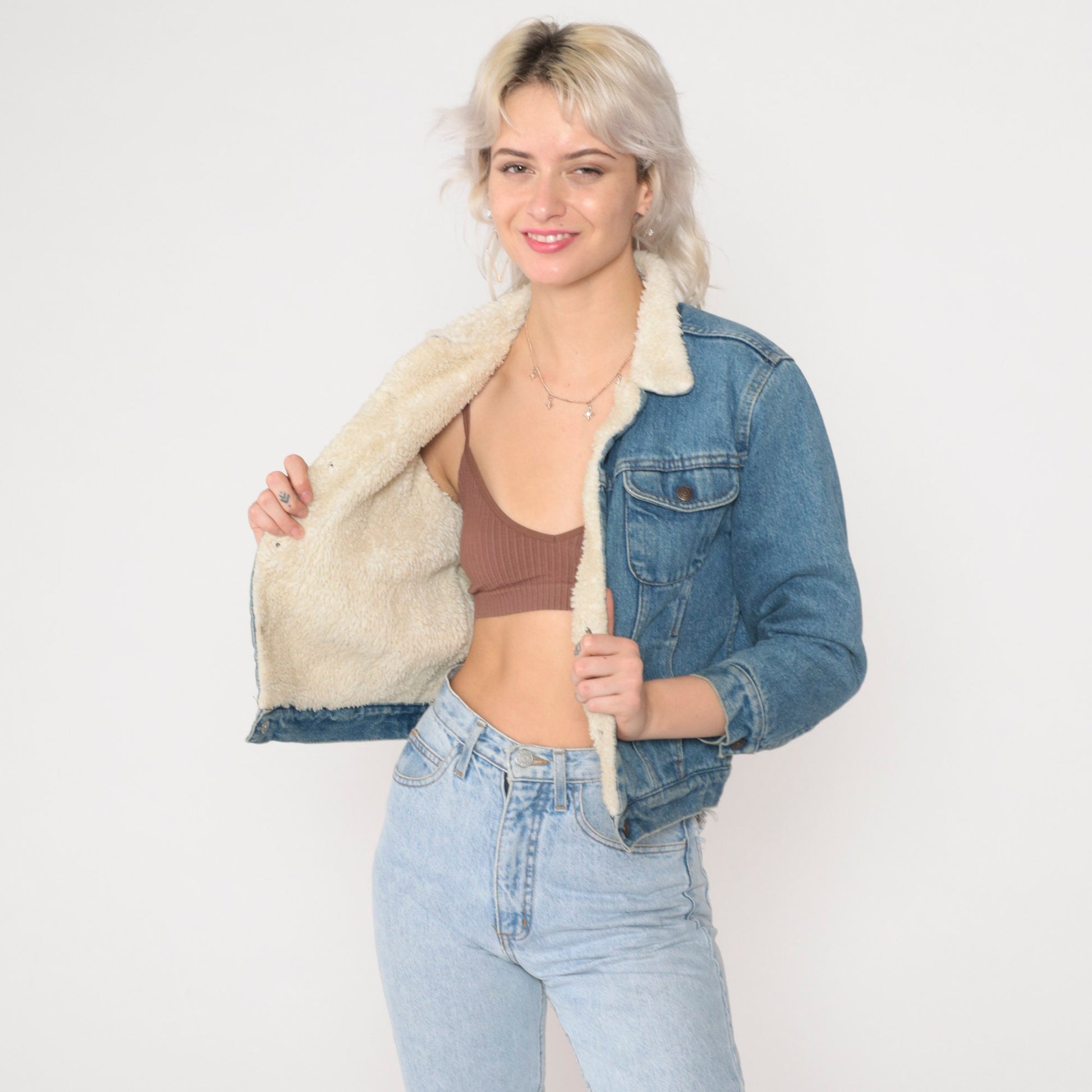 90s The Gap Denim Sherpa Jacket Blue Cropped Snap Jean Coat XXS