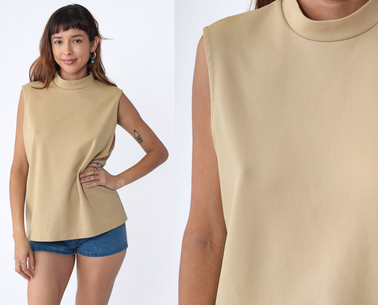70s Beige Mock Neck Tank Top Sleeveless Blouse Large L