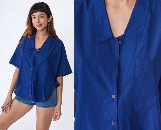 80s Royal Blue Button-Up Blouse Short Sleeve Chest Pocket Collared Large L