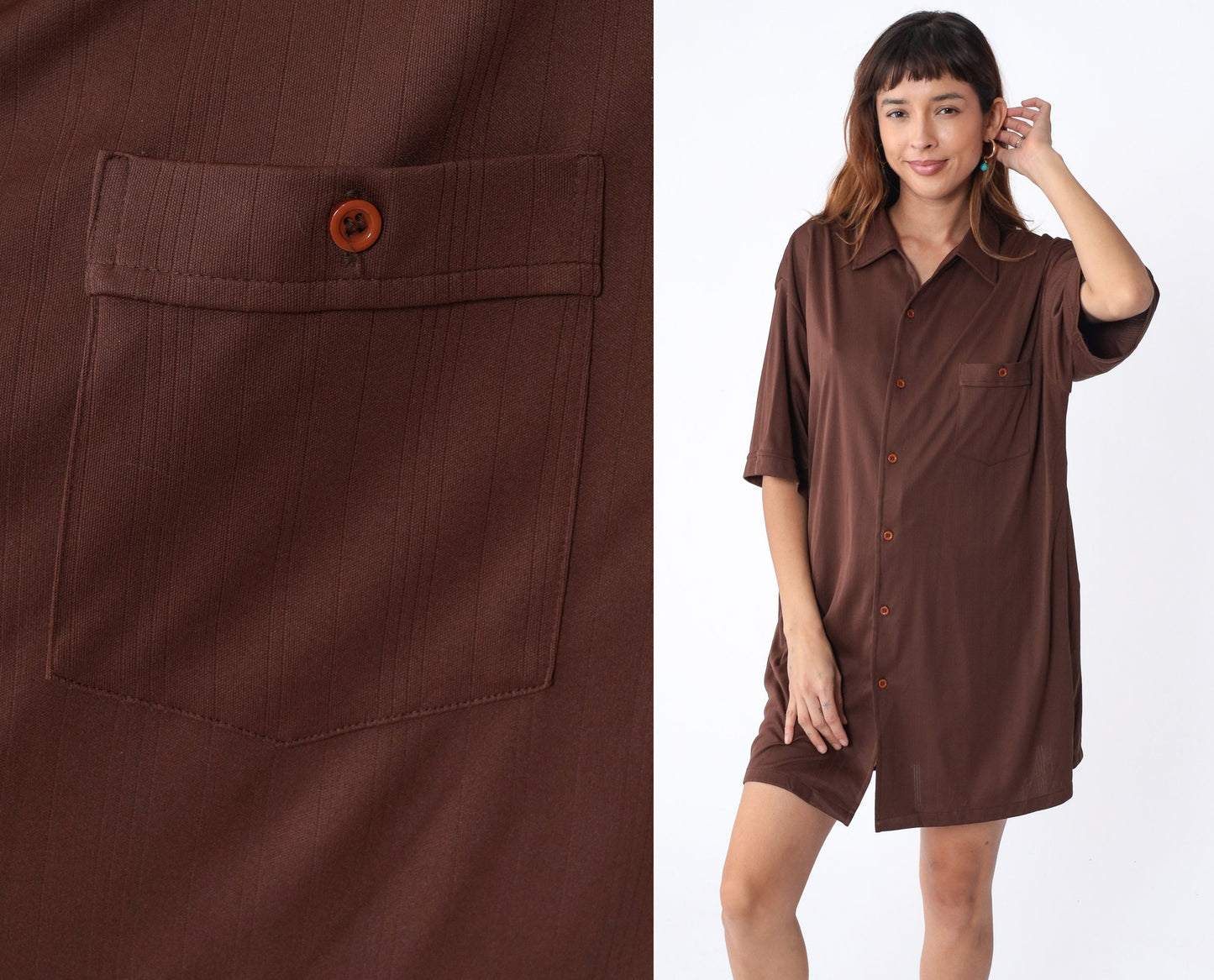 70s Bert's Big & Tall Brown Button-Up Shirt Short Sleeve Collared Men's XL Tall