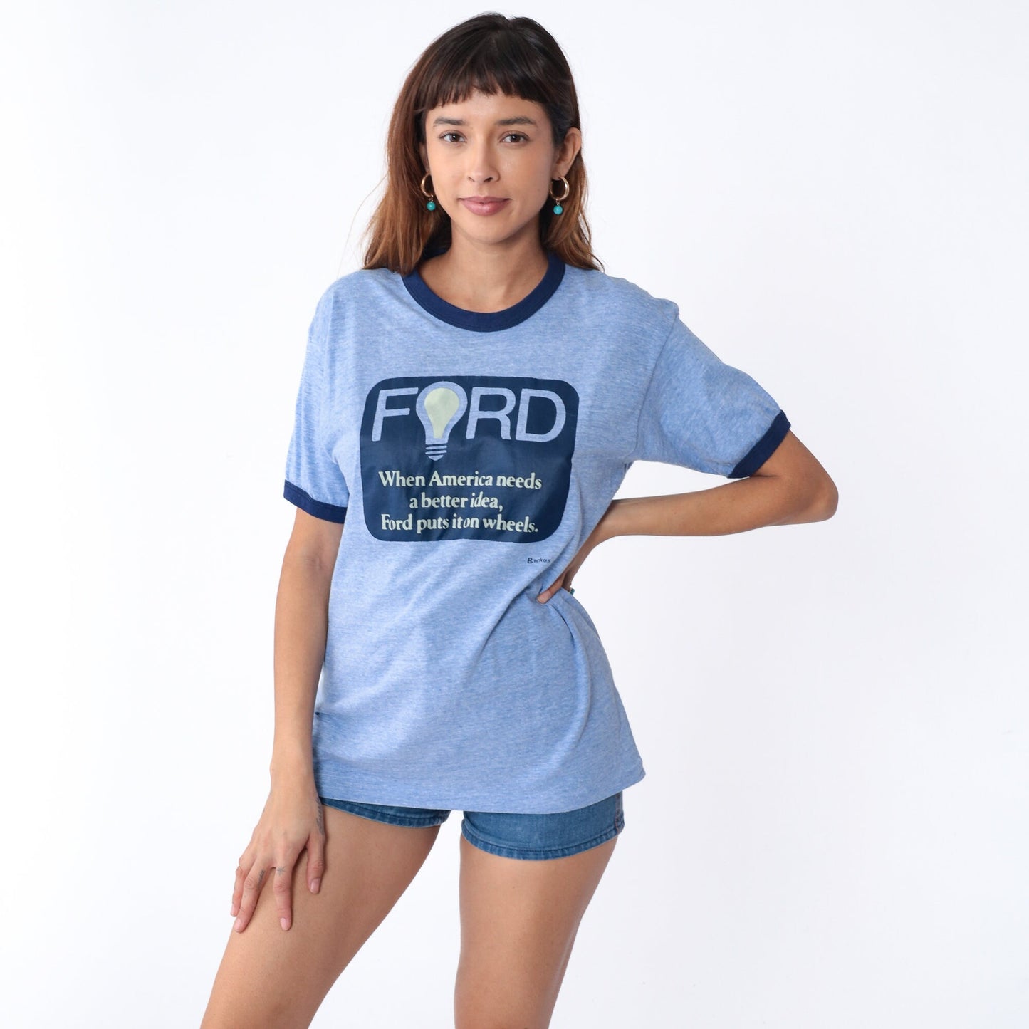 80s Ford Graphic Ringer Tee Blue Single Stitch T-Shirt Medium