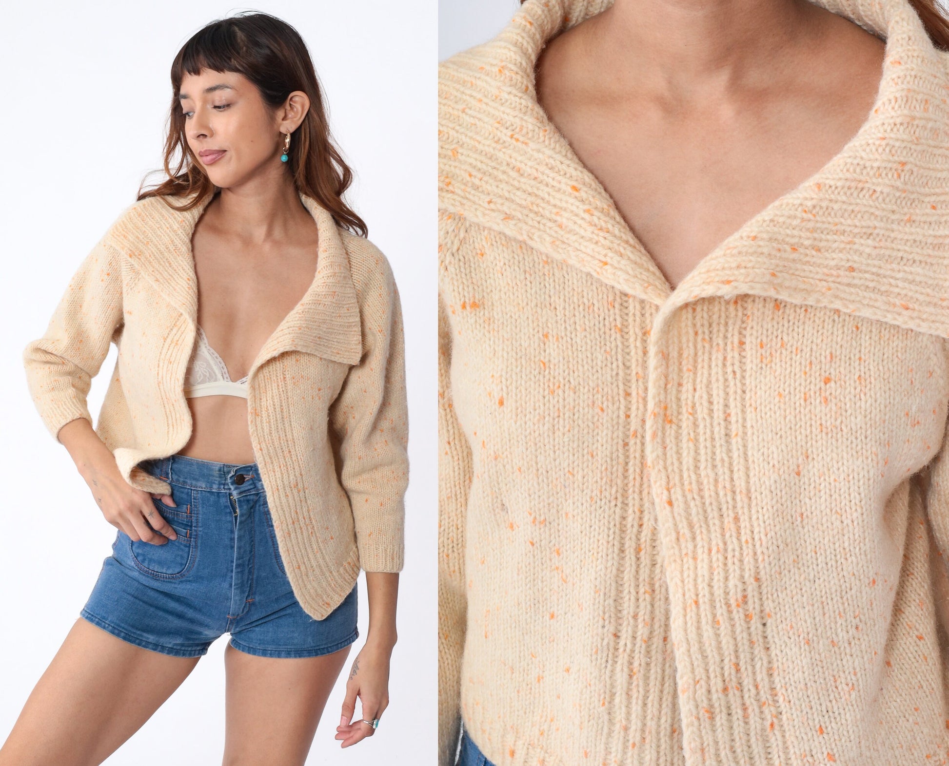 70s Cream Cardigan Orange Flecked Wool Blend Collared Sweater Small S