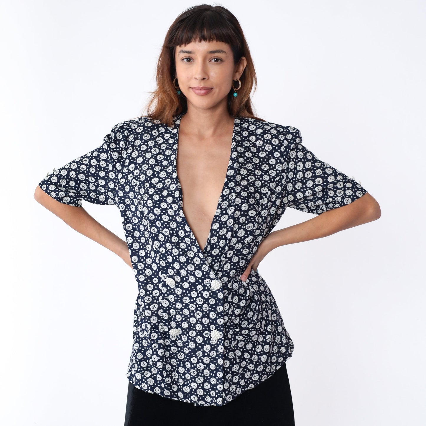 90s Navy Floral Wrap Blouse White Dot Print Puff Sleeve Button Up Medium