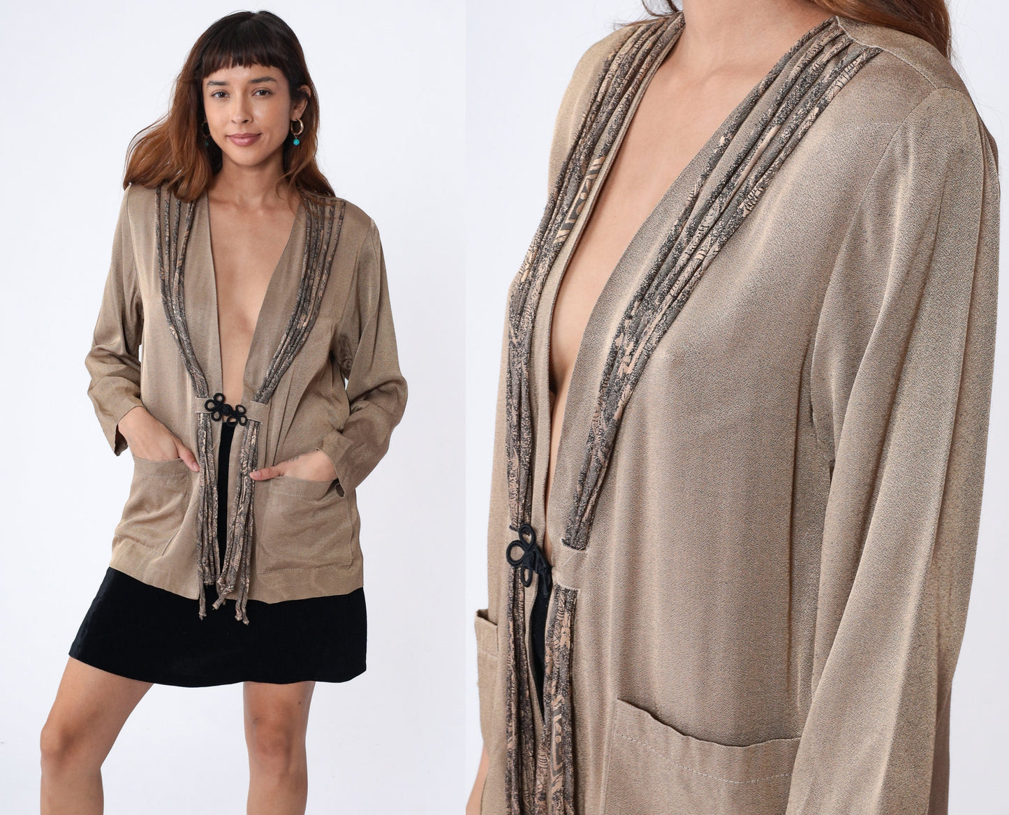 90s Metallic Bronze Snakeskin Fringe Jacket Frog Button Medium