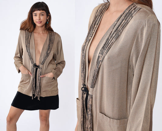 90s Metallic Bronze Snakeskin Fringe Jacket Frog Button Medium
