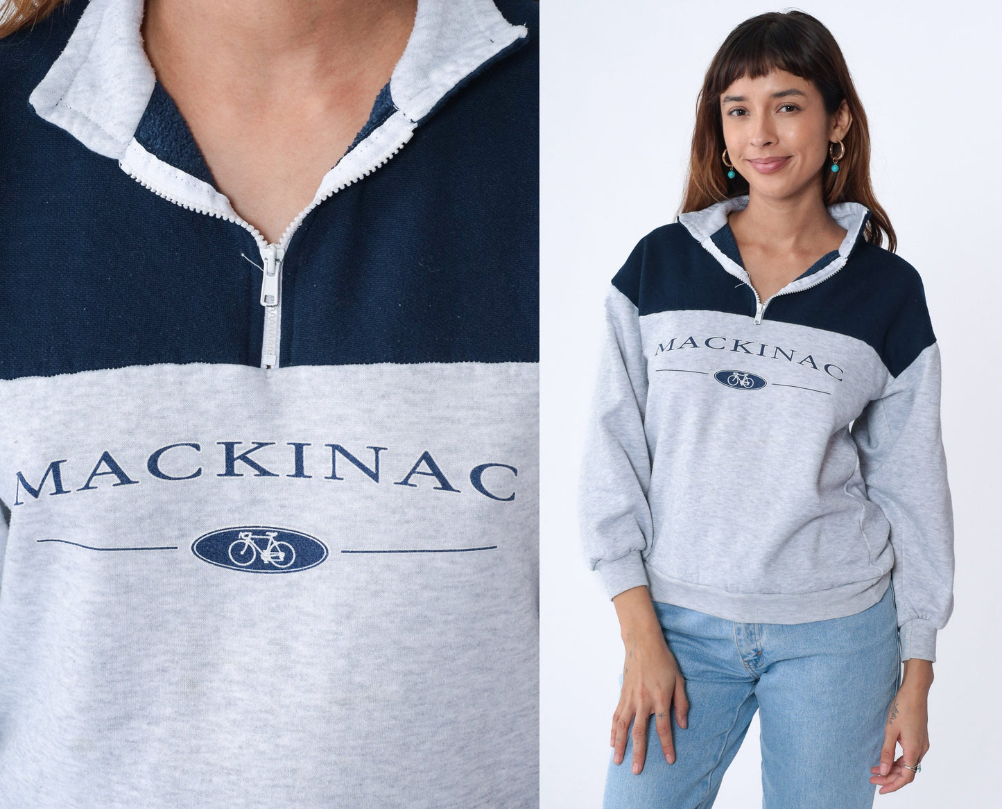 90s Mackinac Island Bike Quarter Zip Sweatshirt Light Heather Grey Small S