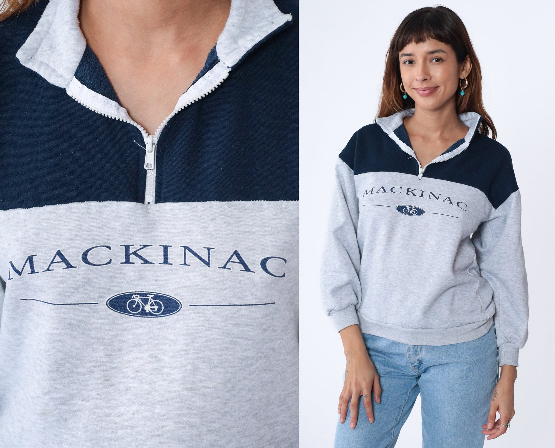 90s Mackinac Island Bike Quarter Zip Sweatshirt Light Heather Grey Small S