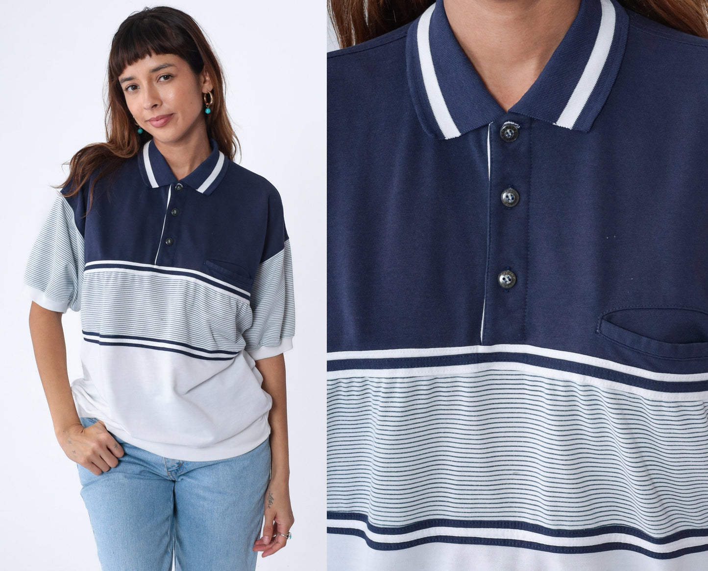 90s Striped Polo Shirt White Navy Blue Banded Hem Chest Pocket Extra Large XL
