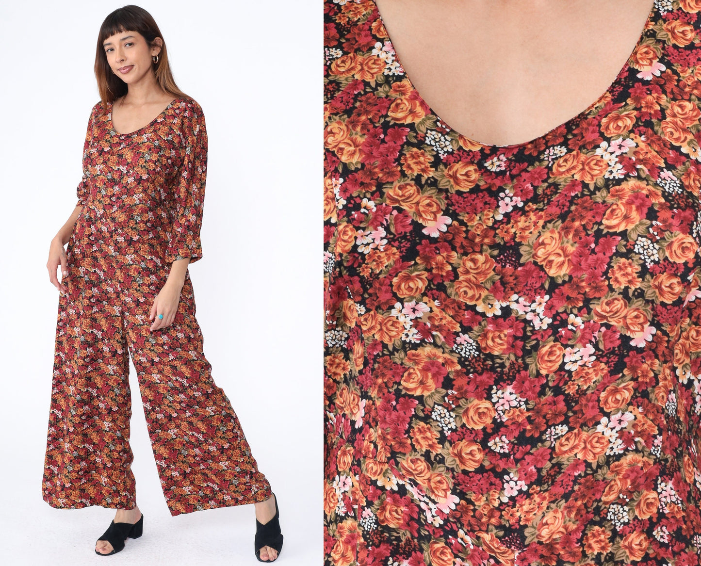 90s Red Orange Floral Rayon Jumpsuit Wide Leg Scoop Neck Medium