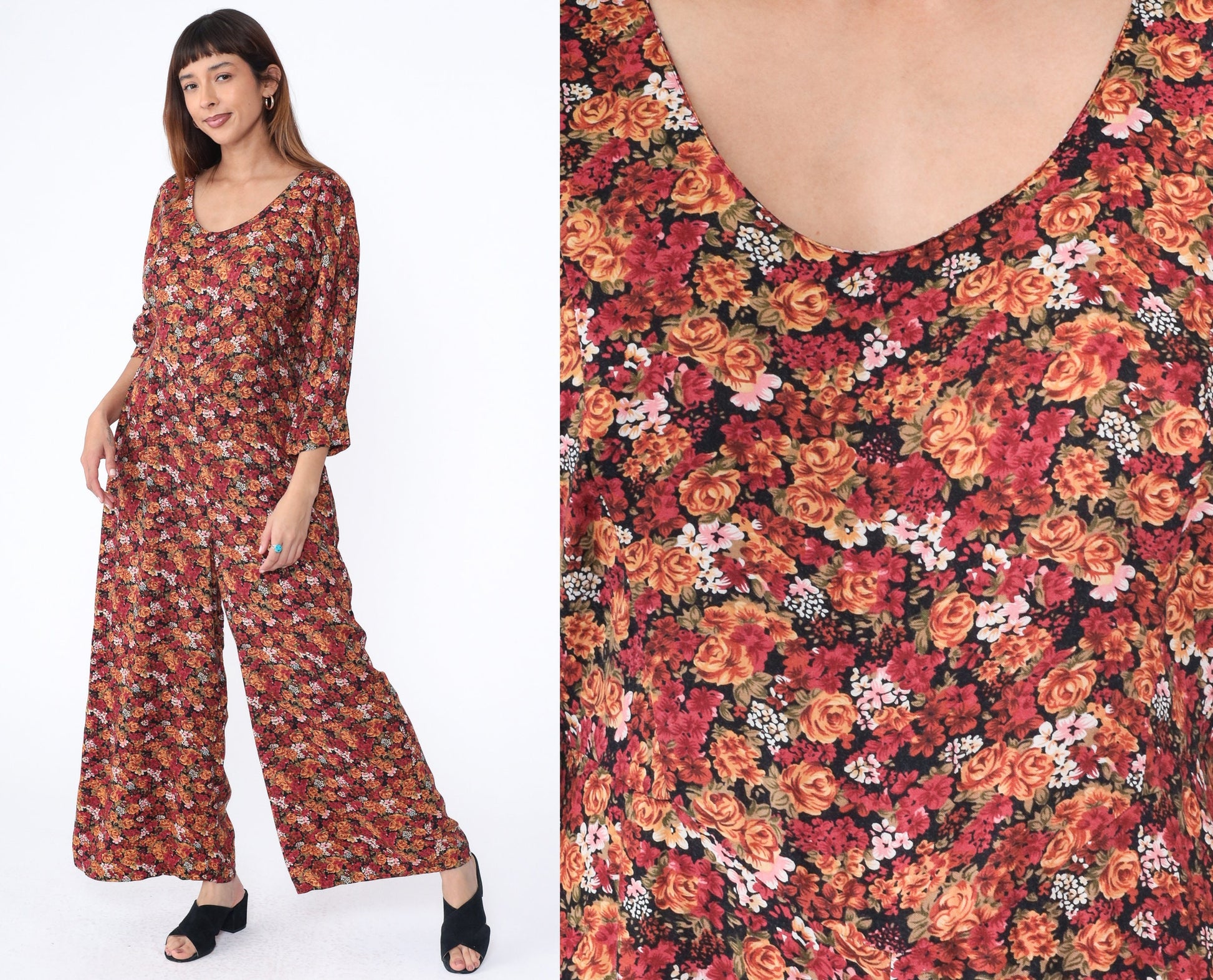 90s Red Orange Floral Rayon Jumpsuit Wide Leg Scoop Neck Medium
