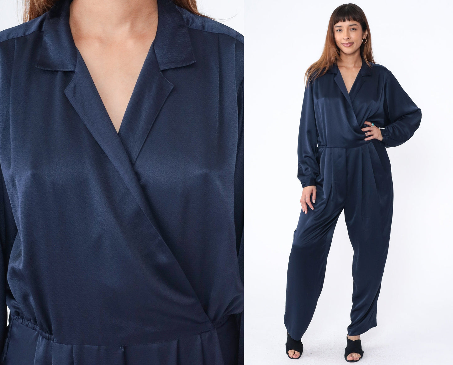 90s Liz Claiborne Navy Wrap Jumpsuit V Neck Tapered Wide Leg Medium