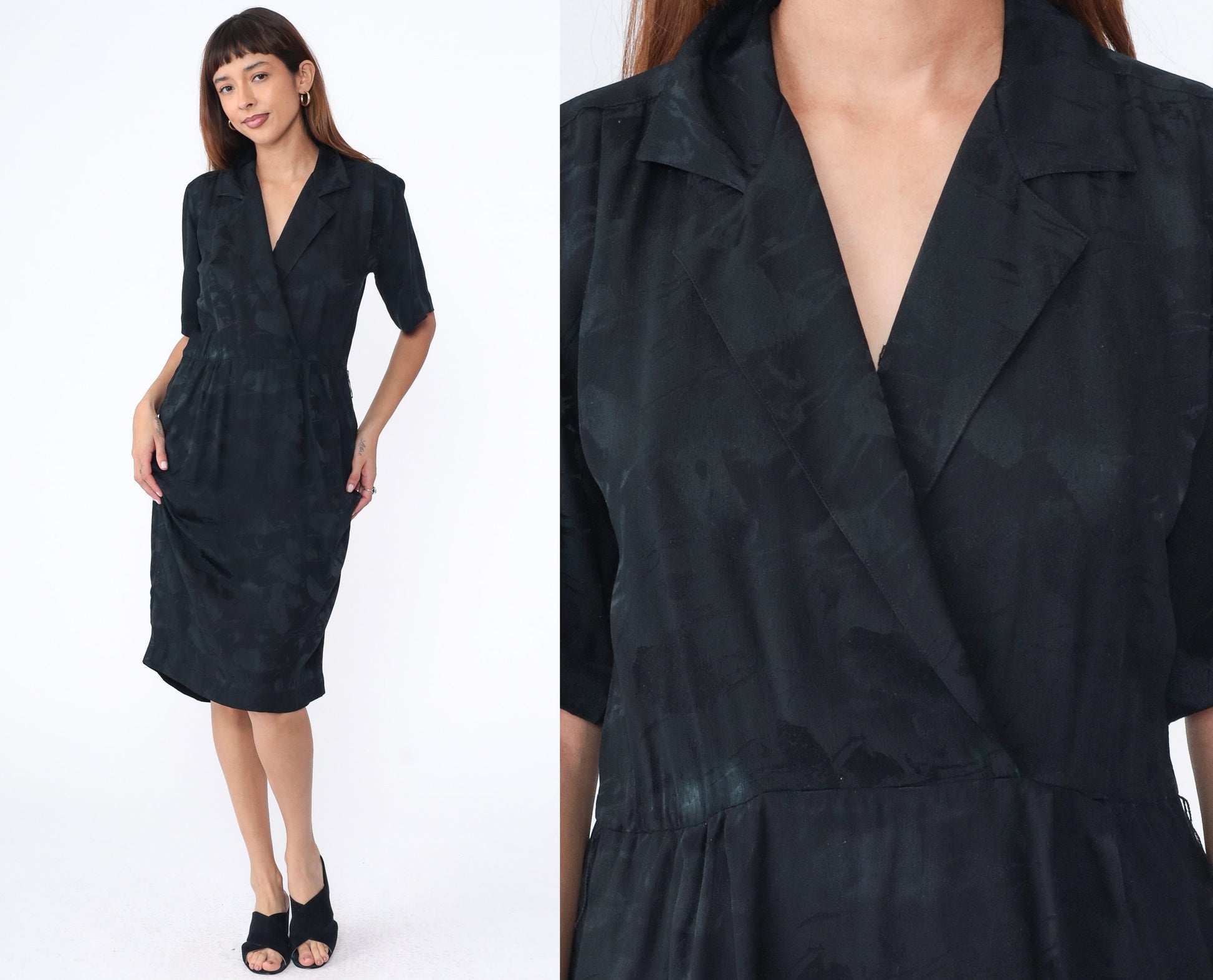 90s Black Silk Wrap Dress V-Neck High Waist Midi Short Sleeve Medium 8