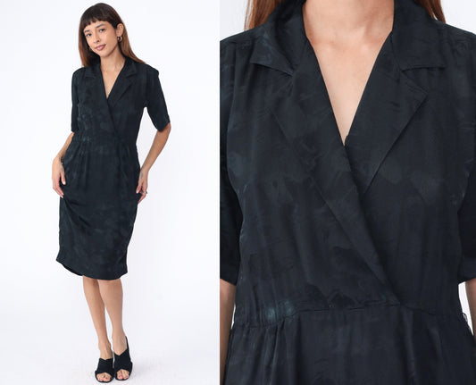 90s Black Silk Wrap Dress V-Neck High Waist Midi Short Sleeve Medium 8