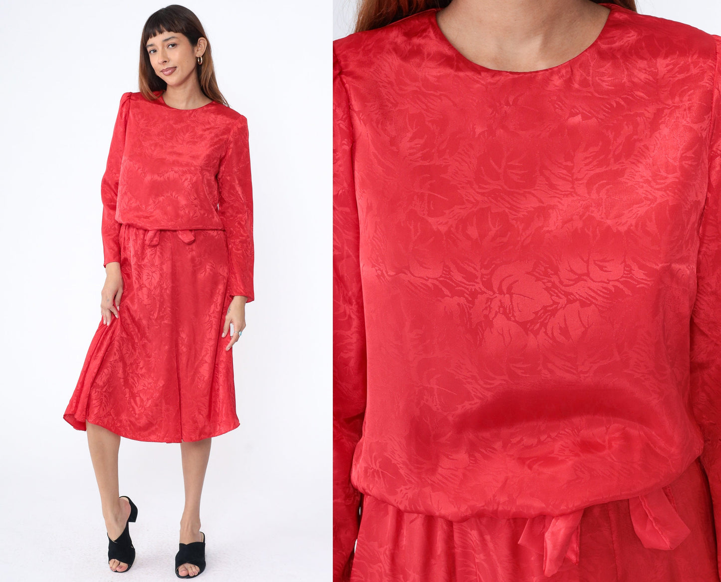 80s Red Embossed Leaf Midi Dress Puff Sleeve Blouson Waist Medium M