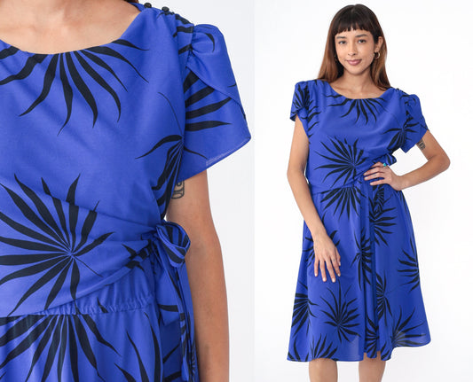 80s Franky B Tropical Leaf Print Wrap Midi Dress Puff Sleeve Purple-Blue Large