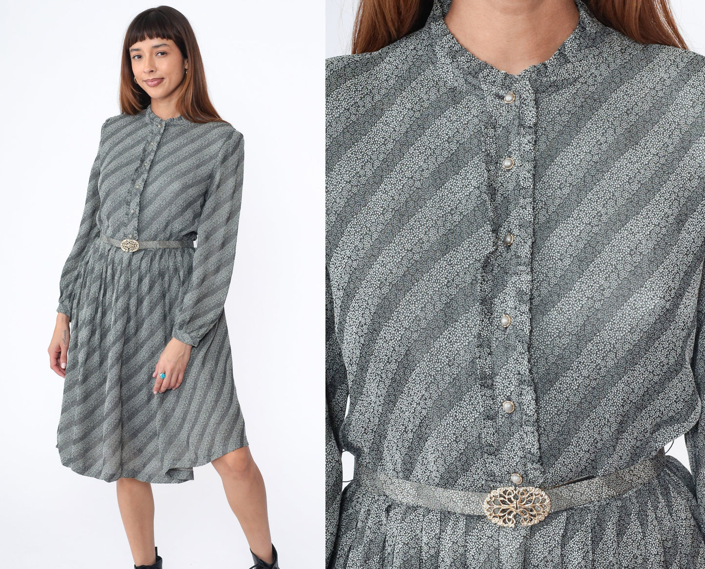 80s Floral Striped Midi Dress Grey White Puff Sleeve Button Up Medium