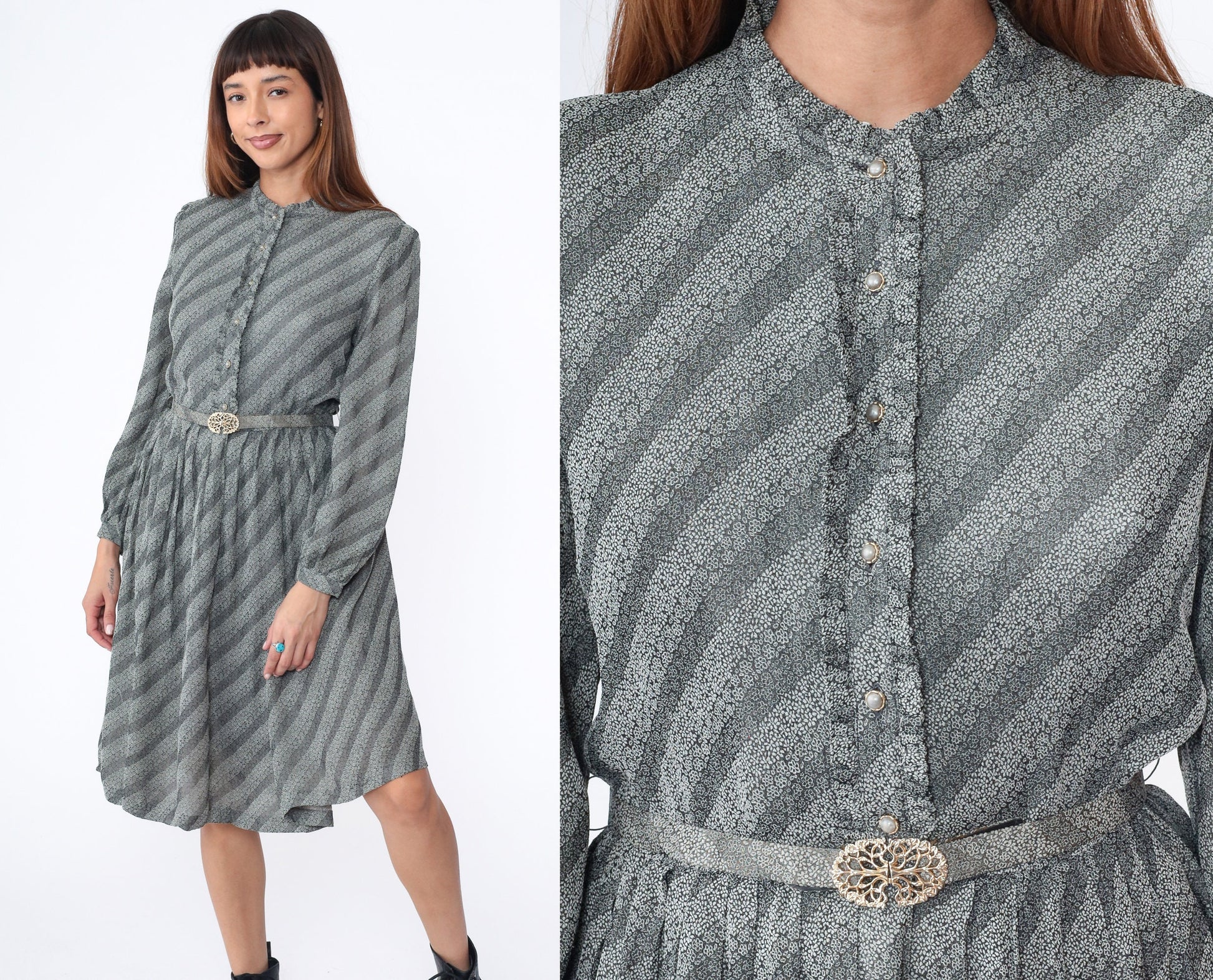 80s Floral Striped Midi Dress Grey White Puff Sleeve Button Up Medium