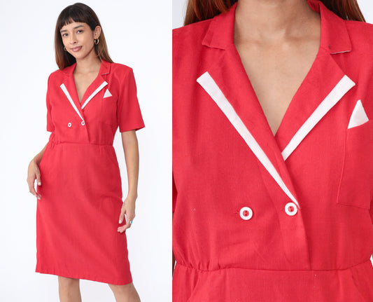80s Red Wrap Midi Dress White Trim Collared Shirtwaist Medium
