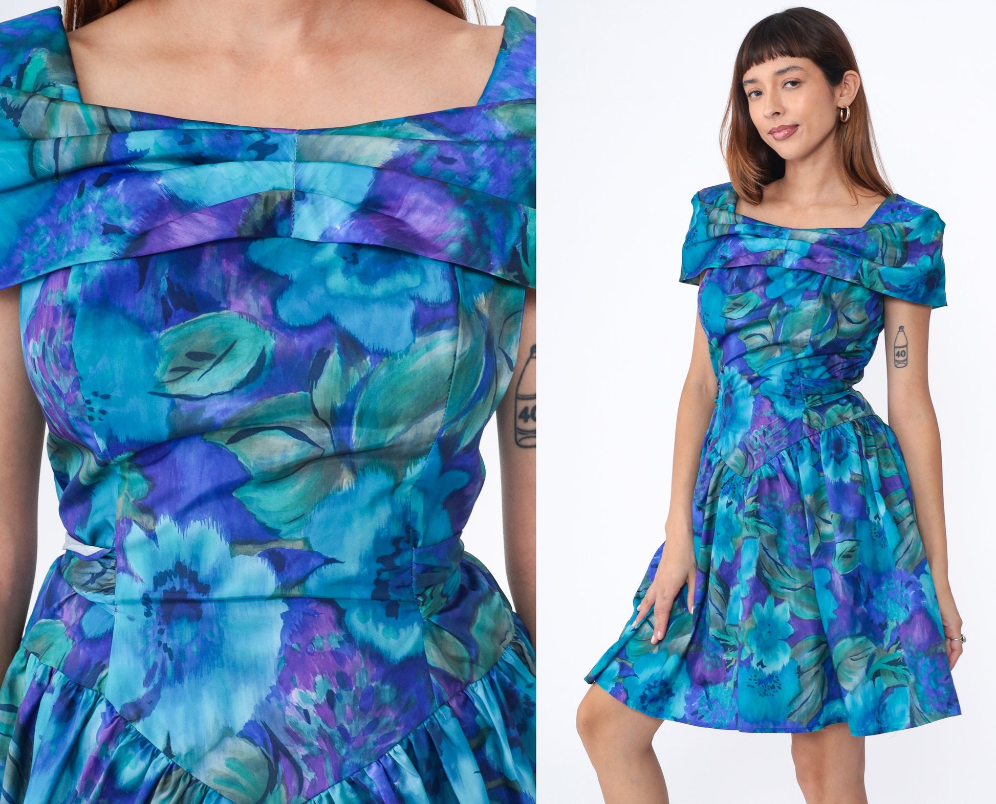 90s Blue Floral Watercolor Mini Dress Short Sleeve Drop Waist Small
