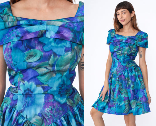 90s Blue Floral Watercolor Mini Dress Short Sleeve Drop Waist Small