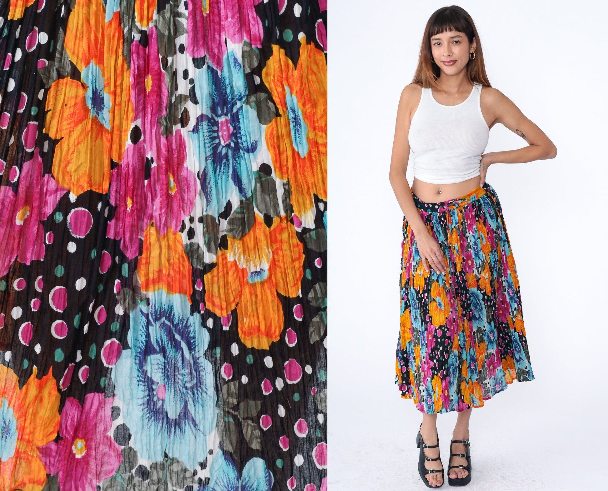 90s Floral Broomstick Skirt Drawstring Midi Cotton Orange Black Fuchsia Medium