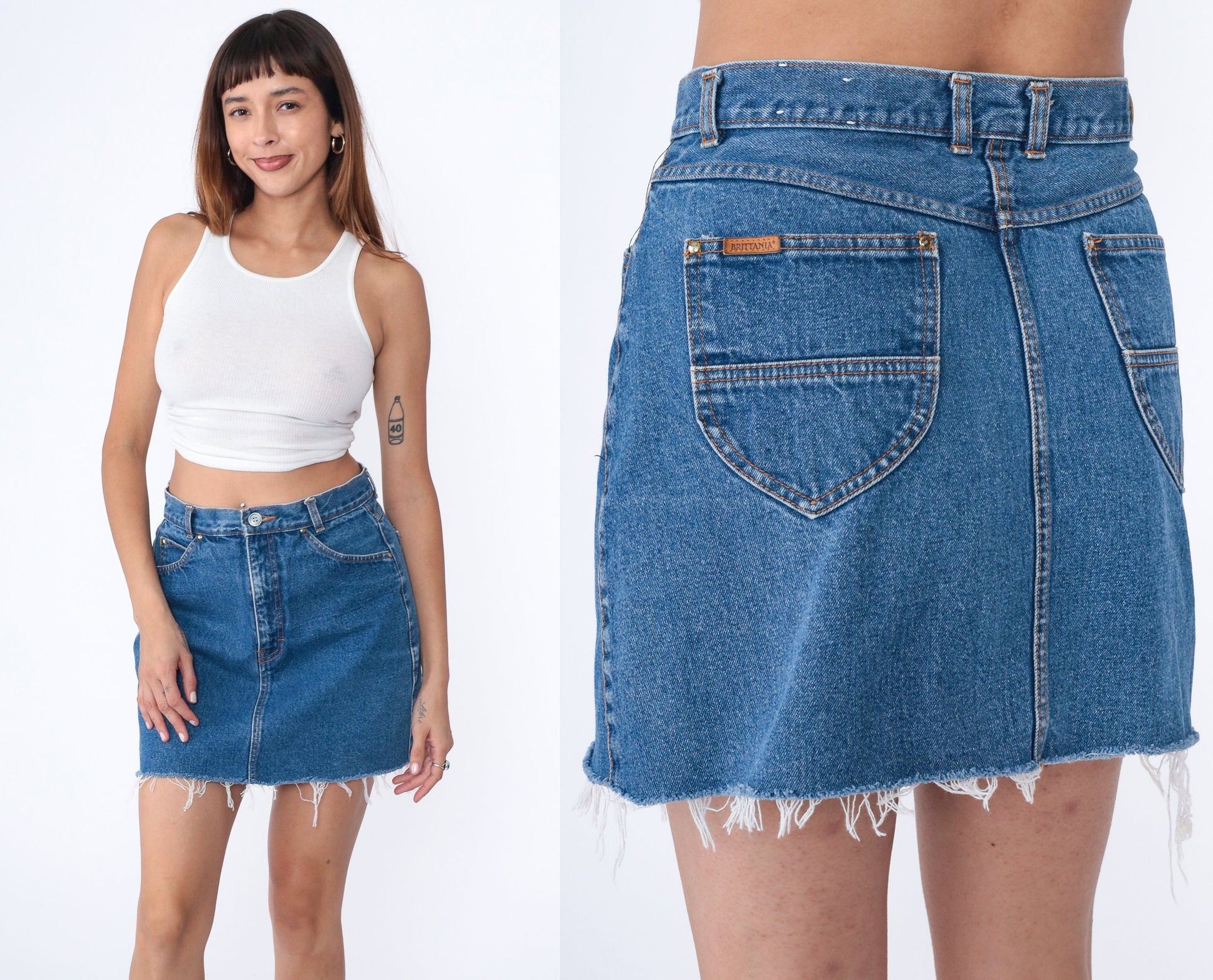 90s Brittania Denim Mini Skirt High Waist Cutoff Blue Medium