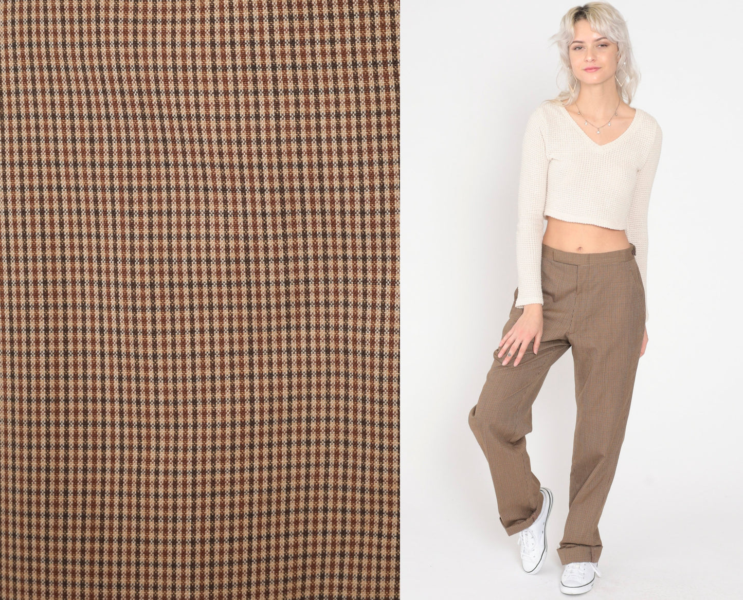 70s Brown Checkered High-Waisted Straight Leg Trousers Medium 29