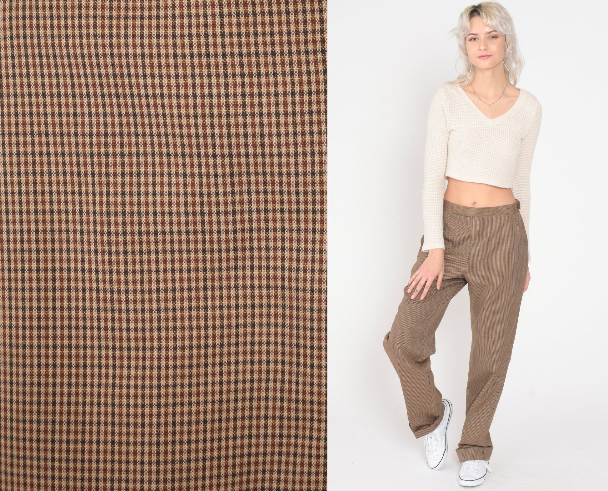 70s Brown Checkered High-Waisted Straight Leg Trousers Medium 29