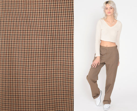 70s Brown Checkered High-Waisted Straight Leg Trousers Medium 29