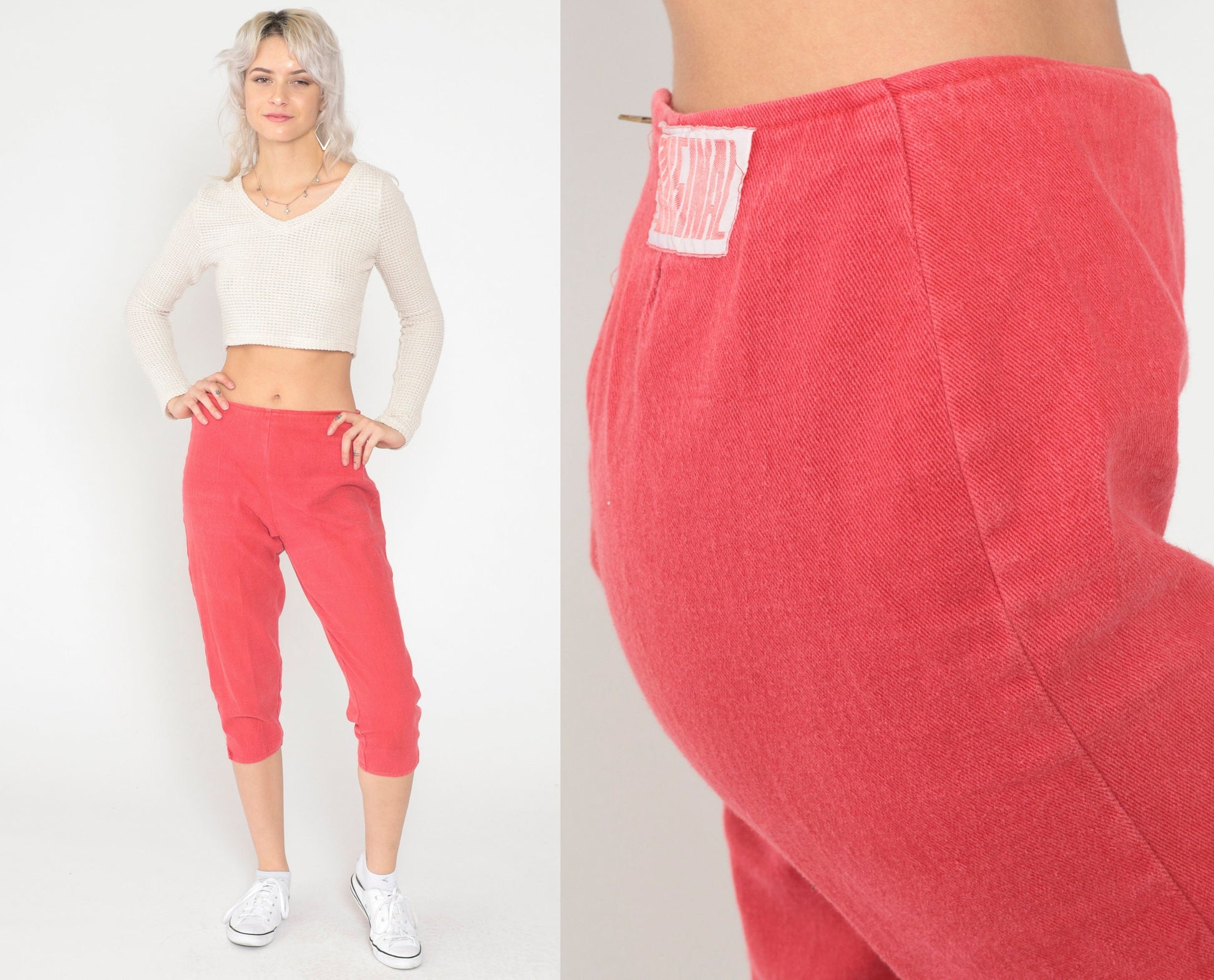 90s Red Capri Pants High Waist Cotton Cropped Trousers Small