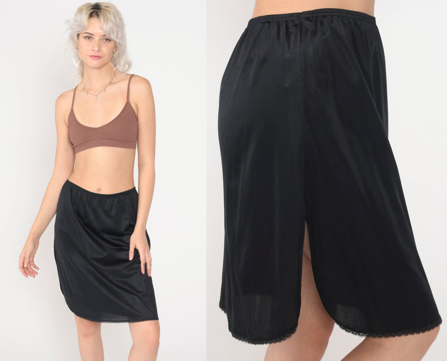 70s Vanity Fair Black Slip Skirt Lace Trim Mini High Waisted Medium