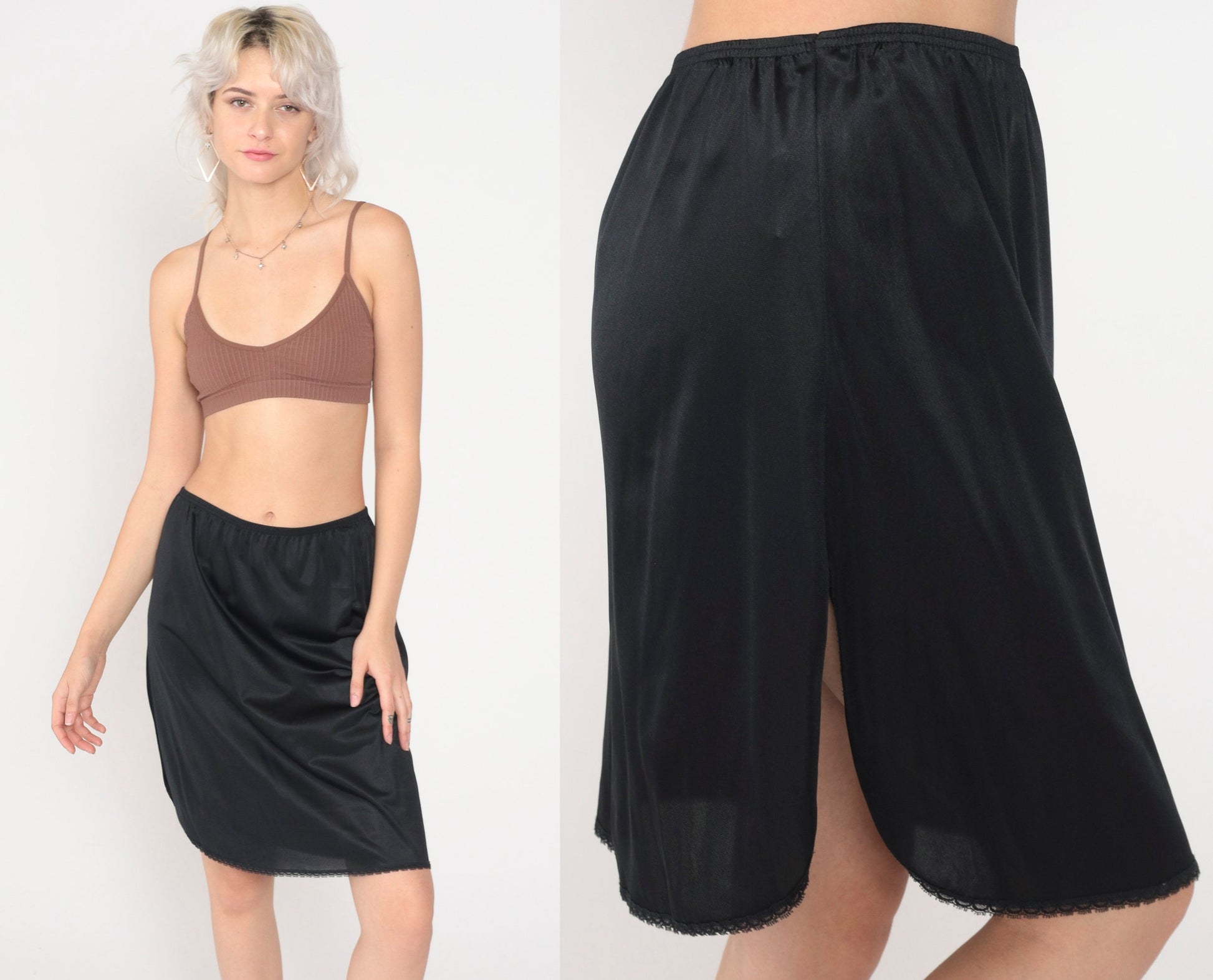 70s Vanity Fair Black Slip Skirt Lace Trim Mini High Waisted Medium