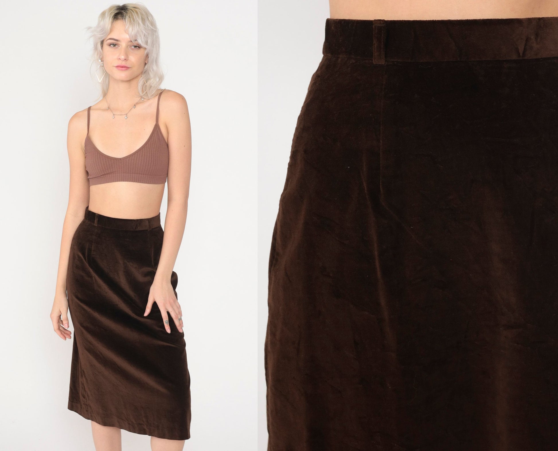 80s Brown Velvet Pencil Skirt High Waist Midi Extra Small XS