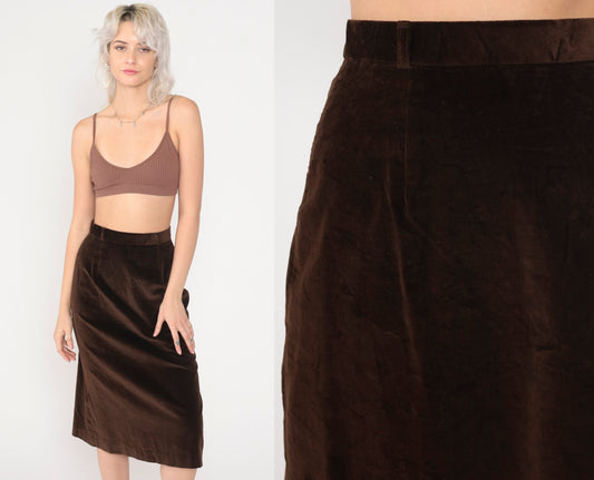 80s Brown Velvet Pencil Skirt High Waist Midi Extra Small XS