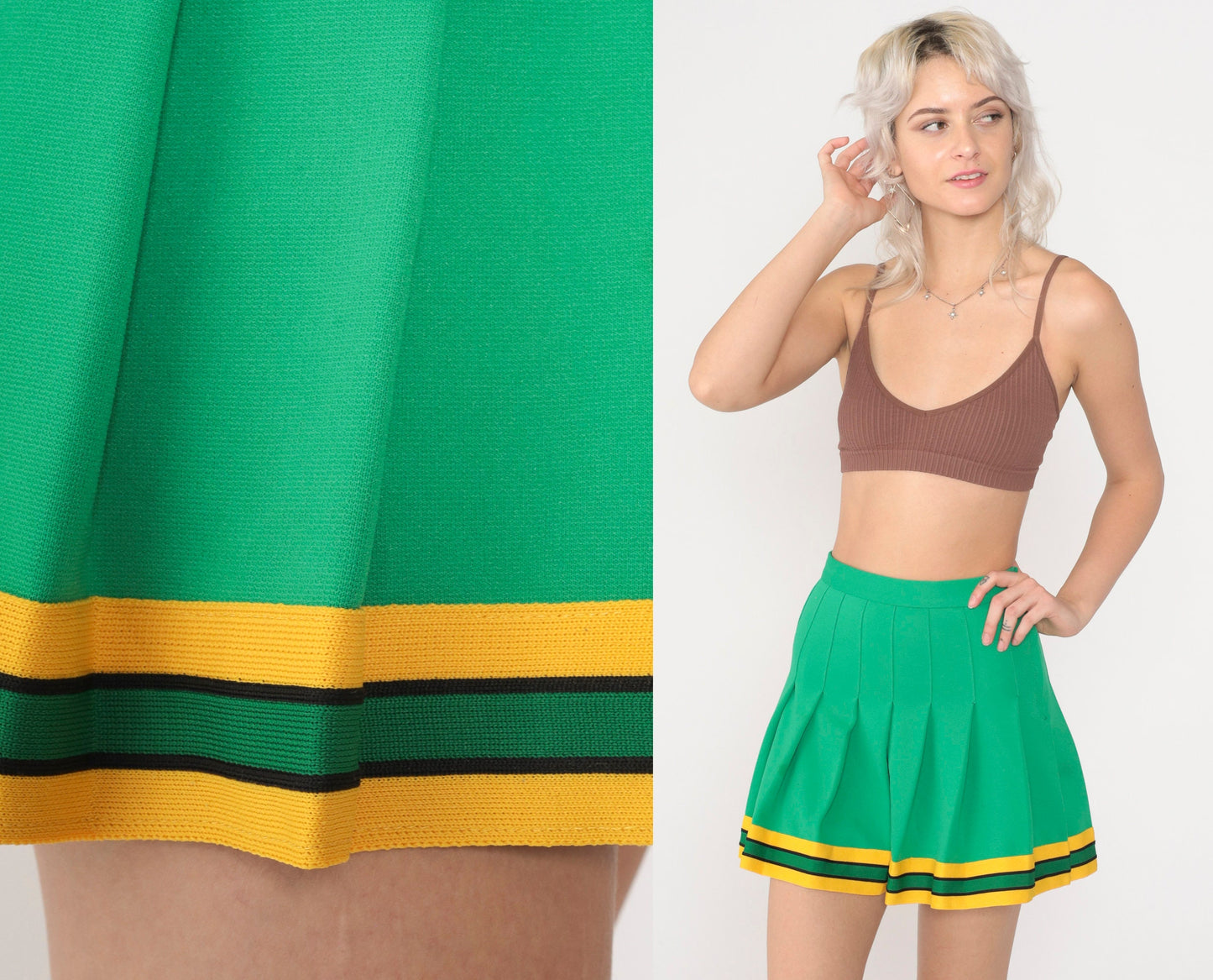 70s Green Pleated Mini Skirt High Waist Tennis Skirt 2XS