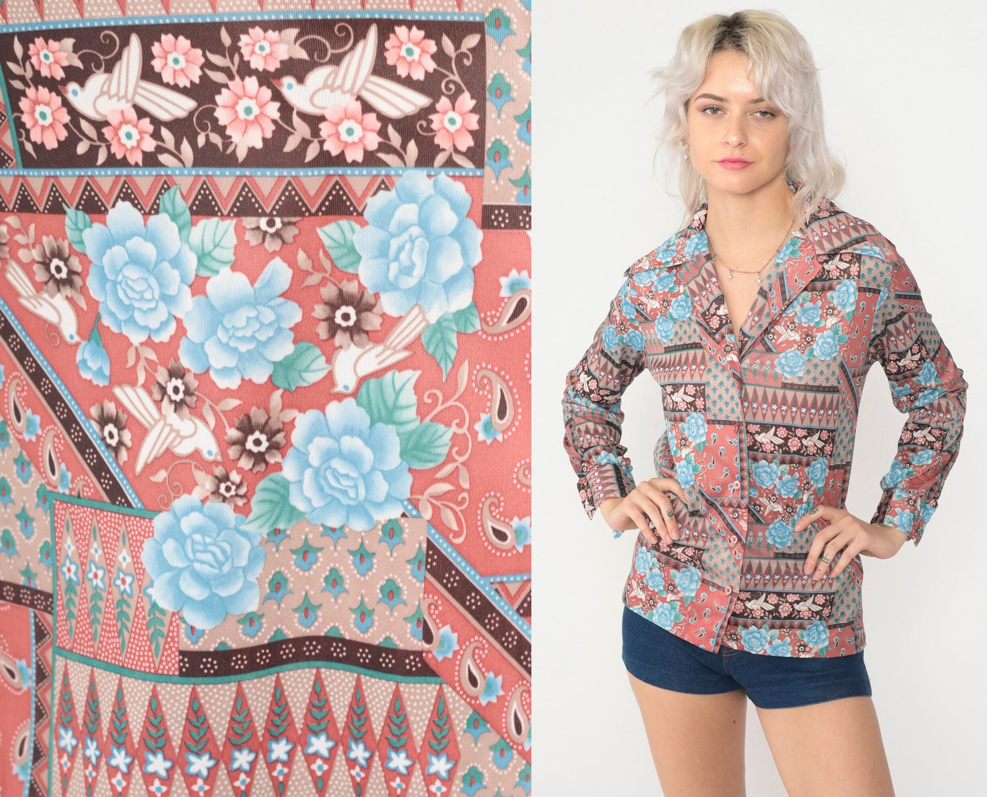 70s Bird Floral Blouse Pink Blue Dagger Collar Long Sleeve Small