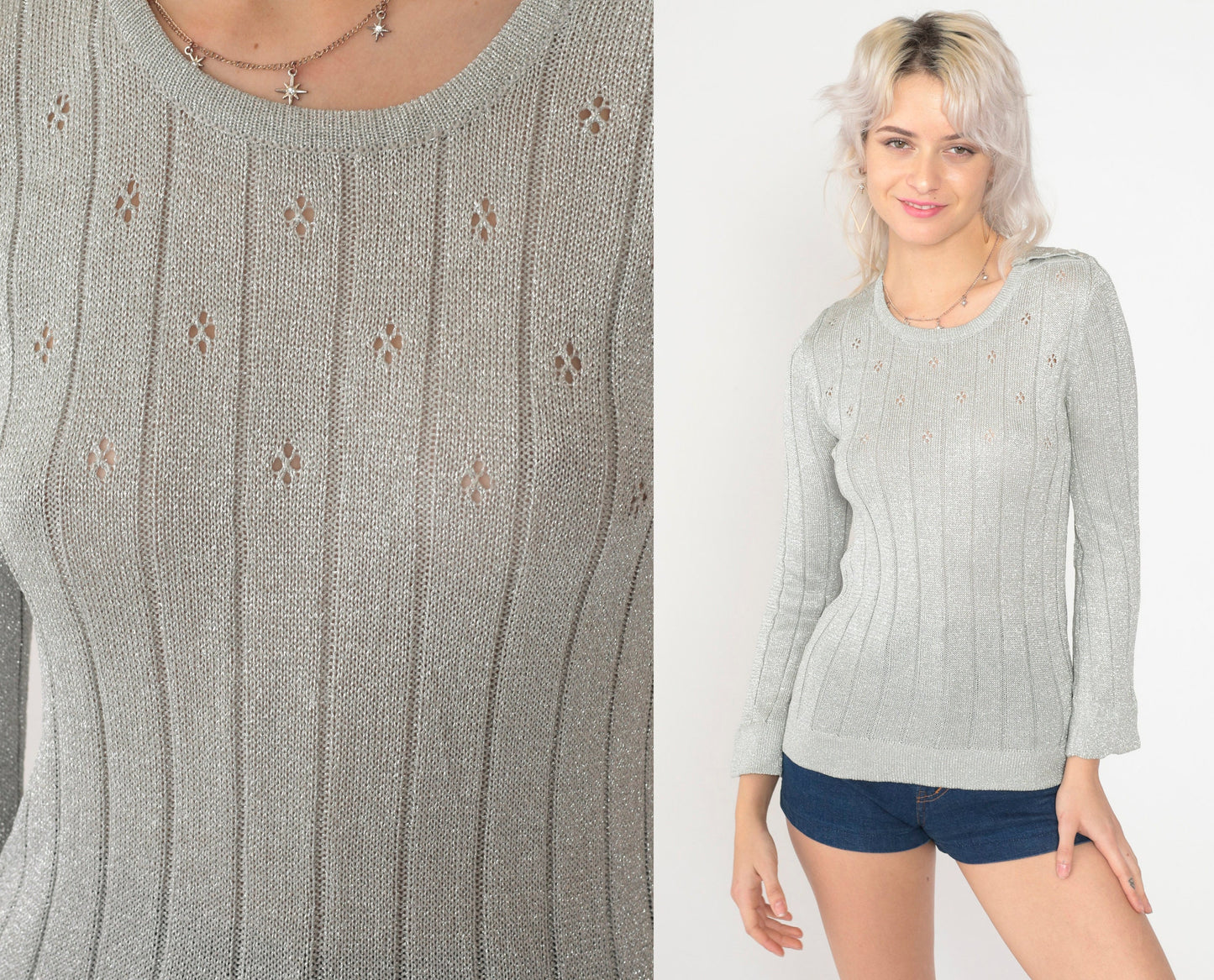 70s Silver Metallic Pointelle Knit Sweater Cutout Chest Pullover Small