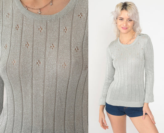 70s Silver Metallic Pointelle Knit Sweater Cutout Chest Pullover Small