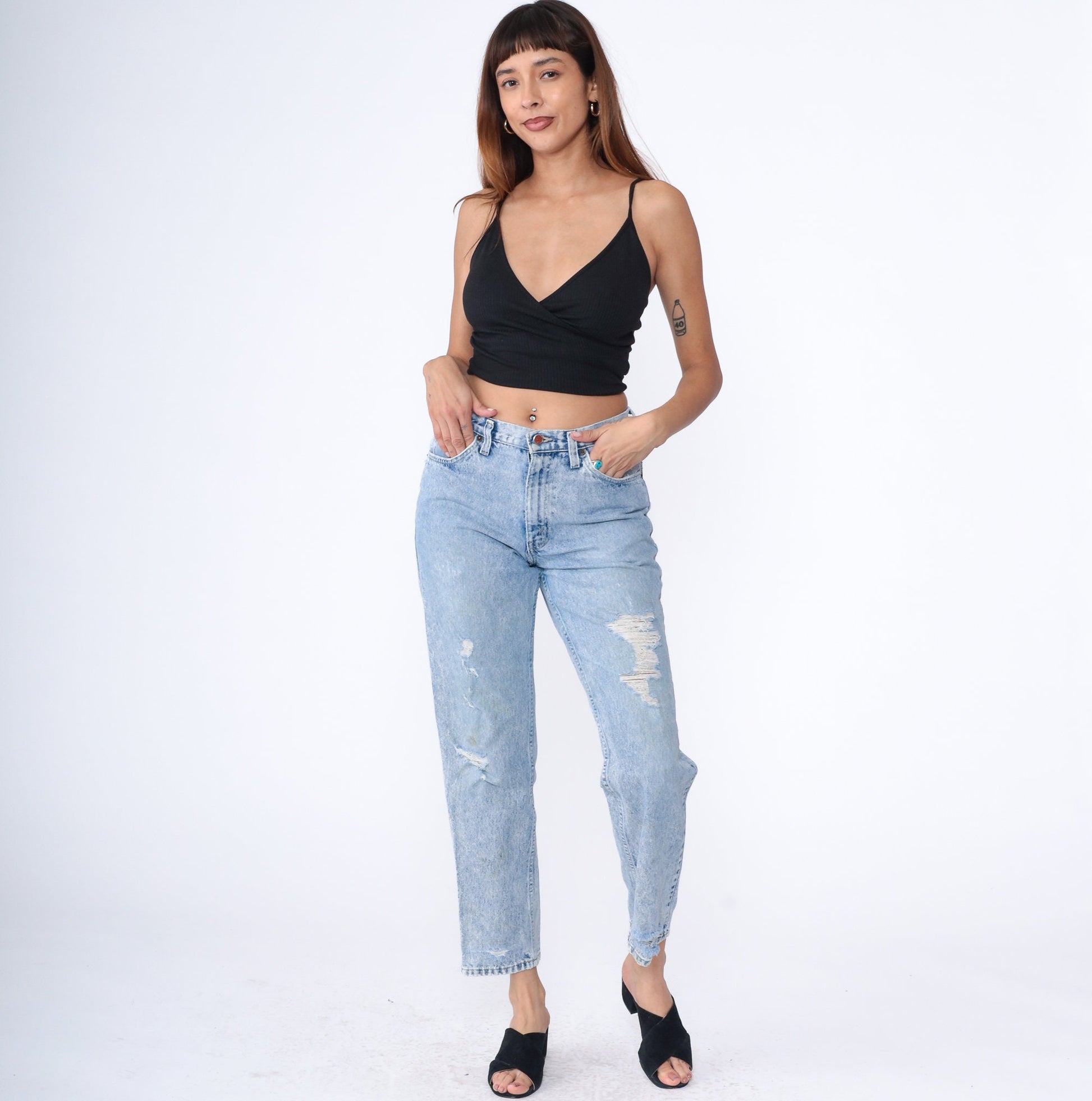 90s Brittania Ripped Mom Jeans Light Blue Denim Tapered Small
