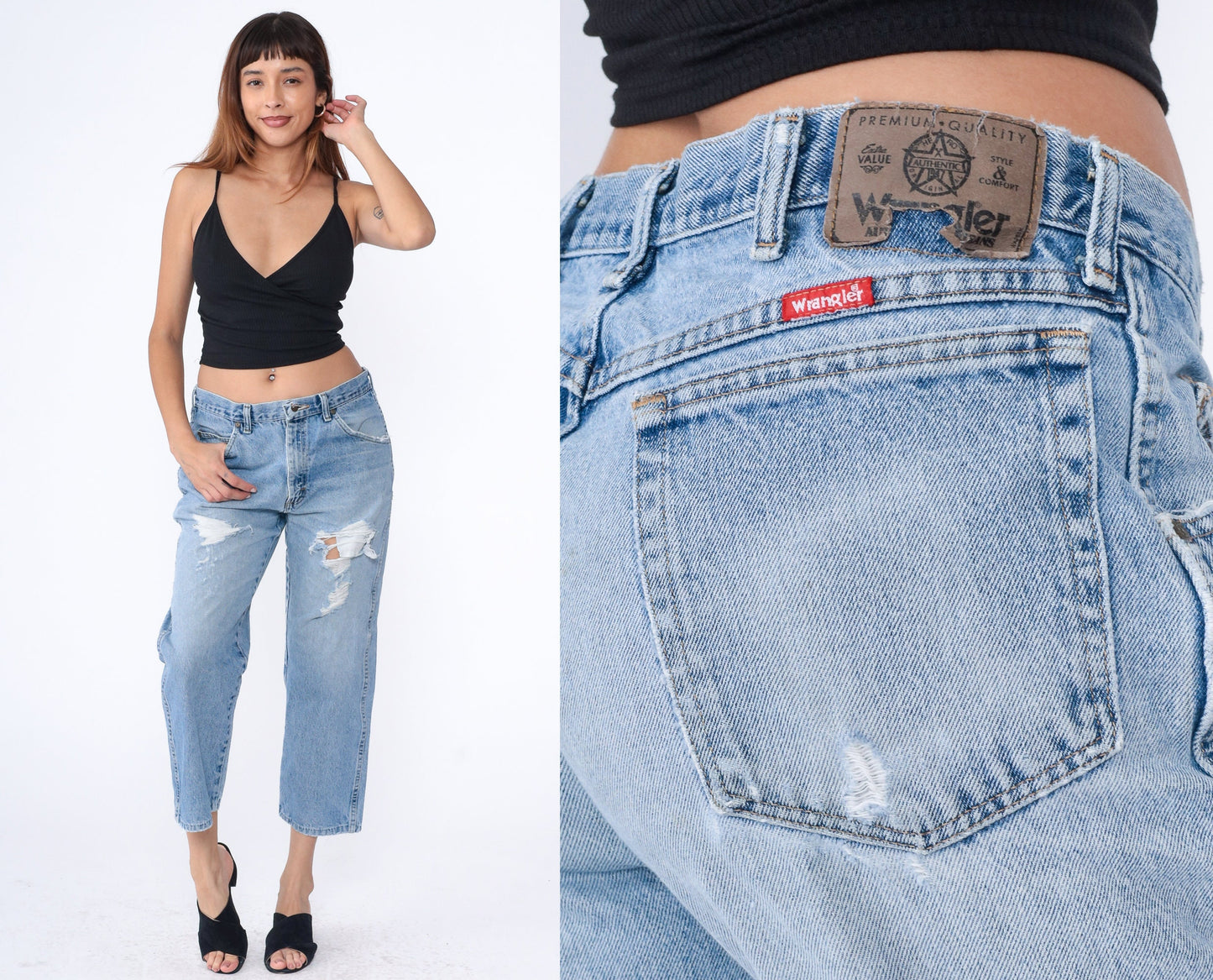 Wrangler Y2K Ripped Straight Leg Jeans Faded Blue High Rise Medium