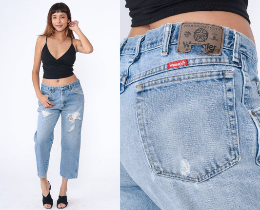 Wrangler Y2K Ripped Straight Leg Jeans Faded Blue High Rise Medium